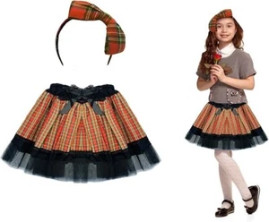 Kids Tartan Tutu Trimming with Bow Headband Scottish Burns Fancy Dress Outfit - Picture 1 of 5