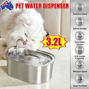 304 Stainless Steel Electric Pet Water Dispenser Cat Dog Fountain 3.2L Drinking - Picture 1 of 12