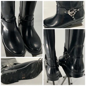 Michael Kors Rain Boots Knee High Sz 7 Women Black Silver MK Buckle YGI D2S-48 - Picture 1 of 11