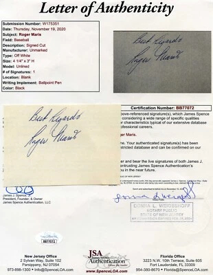 ROGER MARIS signed CUT AUTOGRAPH INK 1958/1959 JSA FULL LETTER - Image 1 of 4