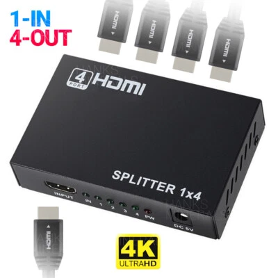 HDMI Splitter 1 In 4 Out 4K UHD HD 1080P 4-Port Repeater Splitter Amplifier 1x4 - Image 1 of 4