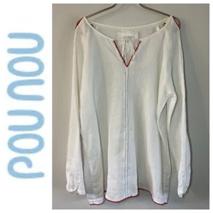 Pou Nou White 100% Linen Peasant Blouse Size 4 Red Crochet Trim Boho - Picture 1 of 10