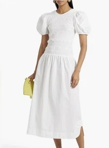 Ganni Womens Puff Sleeve U Neck White Cotton Smocked Dress White Size FR 40 - Picture 1 of 15
