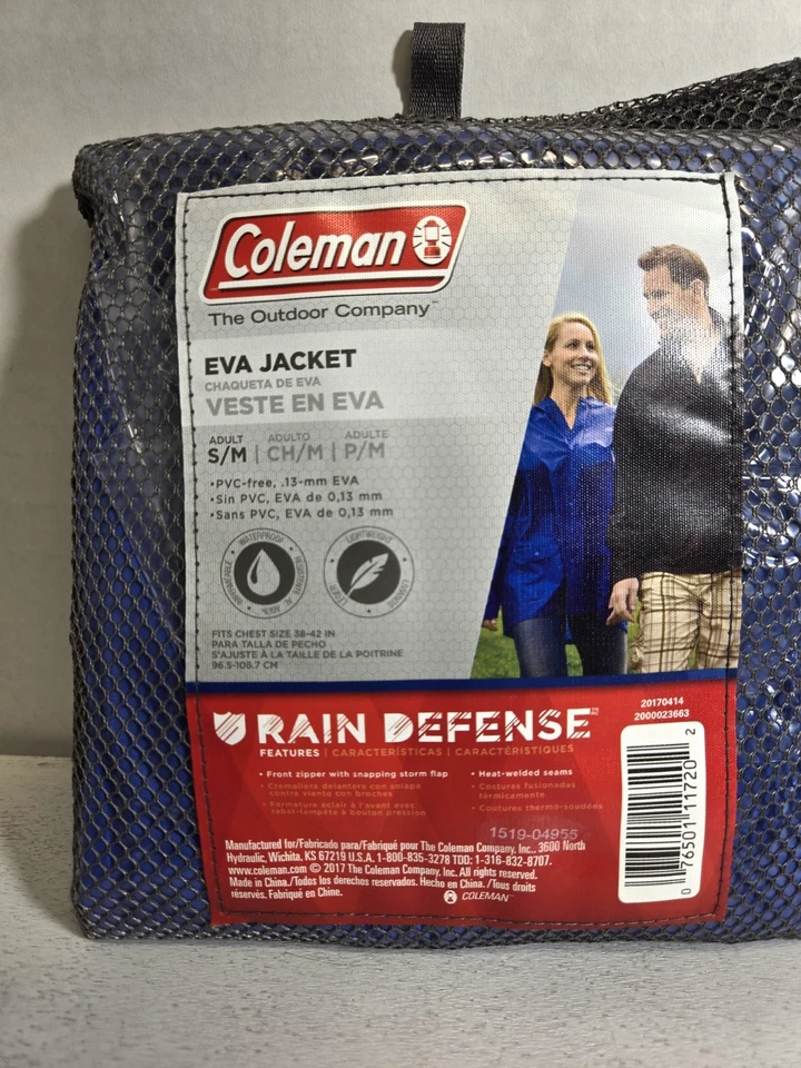 Chaqueta de Lluvia Coleman Adulto EVA con Capucha NEGRA Talla S/M Se Ajusta a Pecho Talla 38"- 42" Nueva Foto 1 de 1