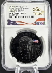 2024 CAMEROON PROOF SILVER OBSIDIAN DONALD TRUMP NGC PF70 FDI 1 OZ .999 - Picture 1 of 4