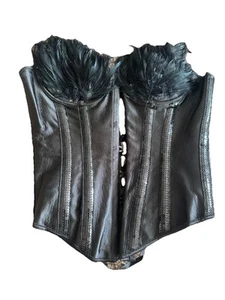 Women Black Boned Corset with Feather Costume Burlesque Basque Tops- Medium - Picture 1 of 4