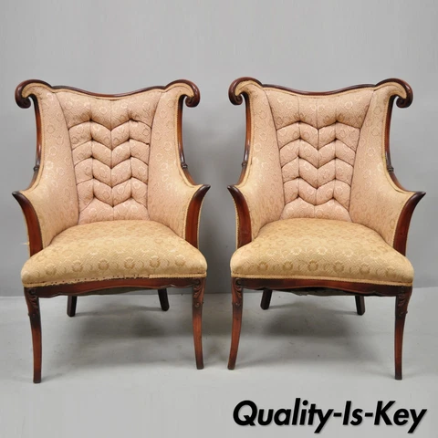 Pair Vtg Hollywood Regency French Style Mahogany Armchairs After Dorothy Drapes Cover