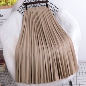 Spring Long Faux Leather Skirt Elastic High Waist Pleated Pu Skirt Female