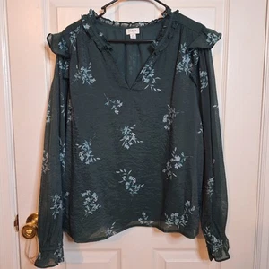 Blusa J Crew Verde Floral Volantes Transparente Manga Larga Cottagecore Cuello en V Talla XL - Imagen 1 de 13