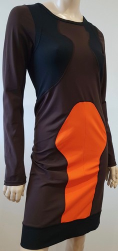 Abito body MIU MIU nero marrone e arancione con pannelli manica lunga aderente elasticizzato M