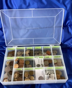 Non-USA Coins - Large Lot in Plastic Organizer Box - Pre-owned - Picture 1 of 5