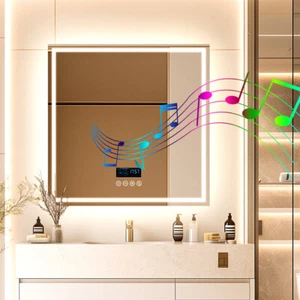 Large 800mm Square LED Bluetooth Bathroom Mirror Double-Speaker Anti-fog Mirrors - Picture 1 of 16
