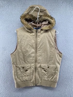 Relativity 女式人造毛皮帽全拉链尼龙背心米色 L 码 — 第 1/4 张图片
