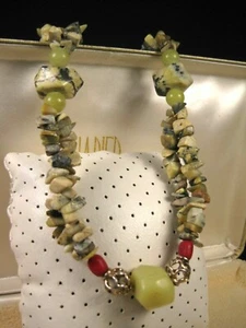 Vintage Sterling Silver Bohemian / Boho Beaded Lemon Jade Green Jasper Necklace - Picture 1 of 8