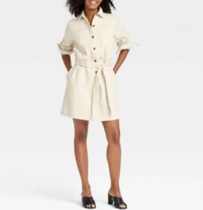 Ana A New Approach Denim Shirt Dress Size Large Tie Waist Natural Light Beige - Picture 1 of 10