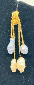 14K Gold Dangle Earrings with Baroque Freshwater Pearls | Drop Chain Style READ - Photo 1/9