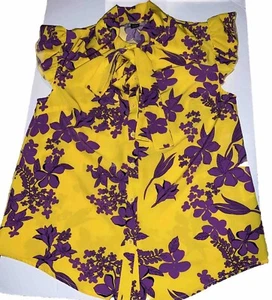 Shein Women's Yellow Purple Floral Blouse Top With Bow Short Sleeve Size M - Picture 1 of 6