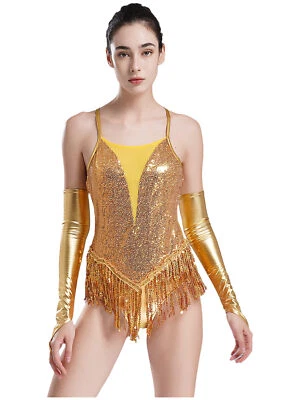 Womens Bodysuit Shiny Jumpsuit Cross Back Leotard Sleeves Ballroom Latin Costume - Image 1 of 4