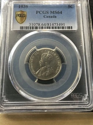 1935  PCGS Graded Canadian,  ¢5 Cent, **MS-64** #3491 - Image 1 of 4