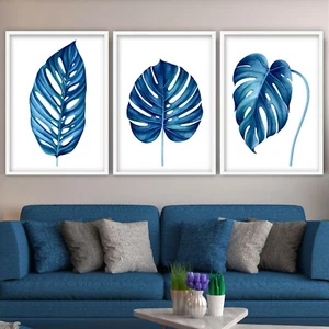3er Set Tropische Monstera Kunstdrucke Botanisch Marineblau aus handgezeichnetem Poster - Bild 1 von 4