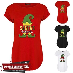 Womens Santa's Helper Printed Turn Up Sleeve Curved Hem Ladies Xmas Baggy Top - Picture 1 of 4