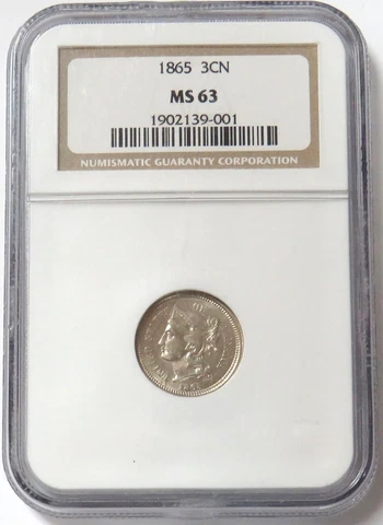1865 UNITED STATES 3c THREE CENT NICKEL NGC MINT STATE 63 Cover