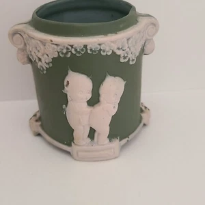 ANTIQUE 1912 ROSE O'NEIL KEWPIE DOLL BISQUE JASPERWARE CONTAINER GREEN GERMANY - Picture 1 of 10