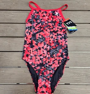 TYR Durafast Labyrinth Red geometric DiamondFit 1 Pc Swimsuit Girls Sz 22 NEW - Picture 1 of 3