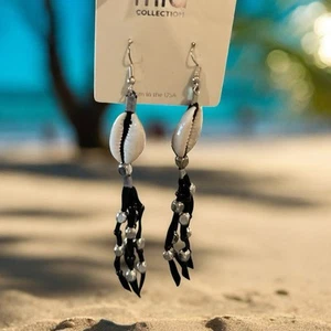 Mia Collection Earrings Dangle Drop Black Tassels Boho Ocean Seashell 4.5” New - Picture 1 of 10