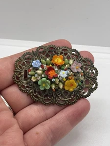 Antique Art Deco Ornate Floral Old Filigree Czech Painted Brooch - Picture 1 of 4