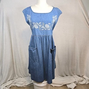 April Cornell Women's L Prairie Smock Denim Dress Cottagecore - Picture 1 of 13