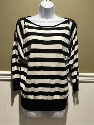 Michael Kors Women’s S Black White Striped Boatneck Sweater Gold Chain Accents  - Изображение 1 из 4