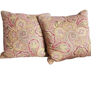 2 Throw Pillows Red Paisley French Country Down Duck Feathers Removable Covers - Picture 1 of 6
