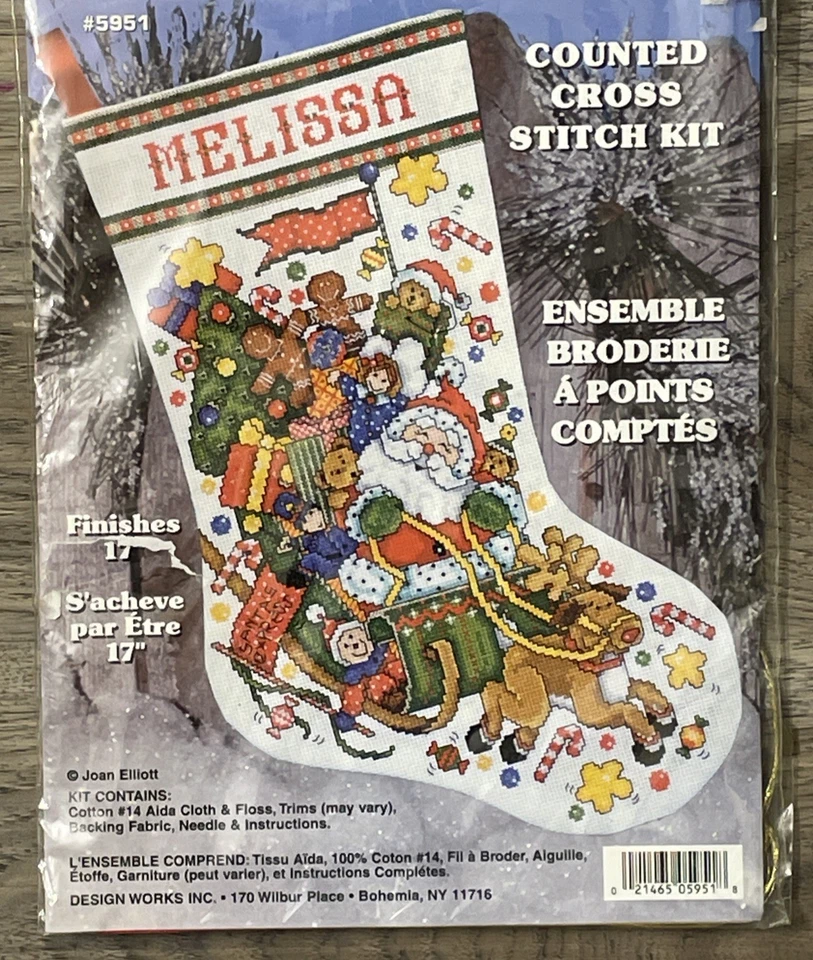 Cross Stitch Joan Elliott 圣诞袜套件圣诞老人驯鹿和玩具雪橇 — 第 1/3 张图片