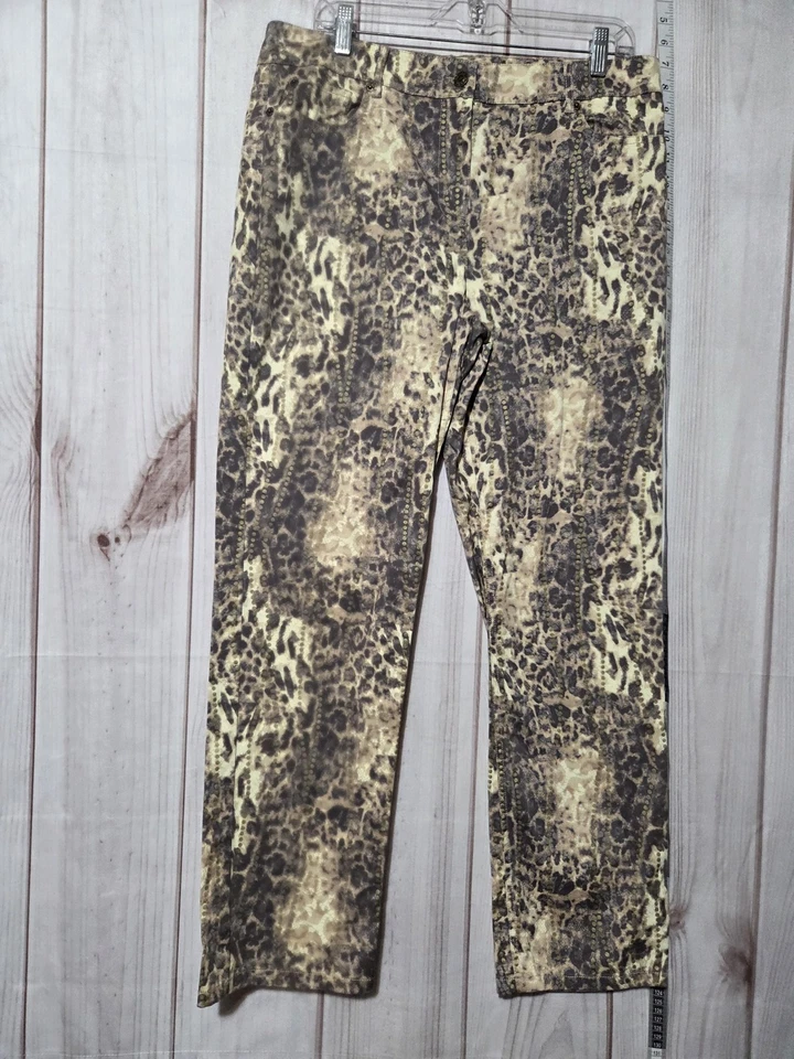 Peck & Peck Weekend Pants Womens 14 Brown Gold Animal Print Stretch Straight Leg - Image 1 of 4
