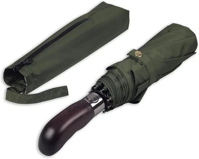 Paraguas plegable de viaje con mango de madera real verde oliva  Foto 1 de 4