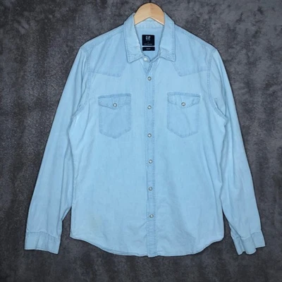 Camisa GAP Western Para Hombres Grande Azul Perla Denim A Presión Manga Larga Calce Ajustado Vaquero Foto 1 de 4