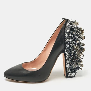 Rochas Black Leather Embellished Block Heel Pumps Size 39 - Picture 1 of 9