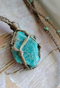 Amazonite Gemstone Gift for Her Him Necklace Casual Boho Bluish Green Braid Raw - Picture 1 of 9