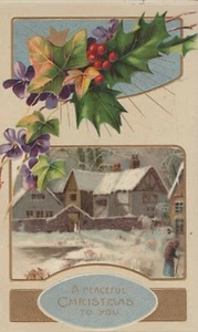Gold Gilt inset Houses Snow Purple Flowers Holly Ivy Scenic Christmas Postcard - Picture 1 of 2