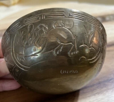 ANTIQUE CHINESE CAST HEAVY BRASS BOWL. Etched Design Of Maybe A dragon? 4 Inches - Image 1 of 4