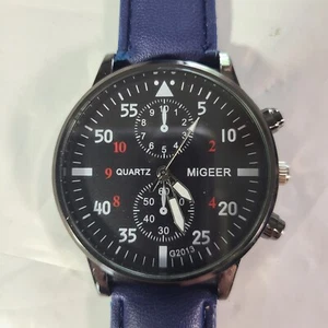 NWT Migeer Watch Black Dial Round Case Blue Faux Leather Band NWT - Picture 1 of 7