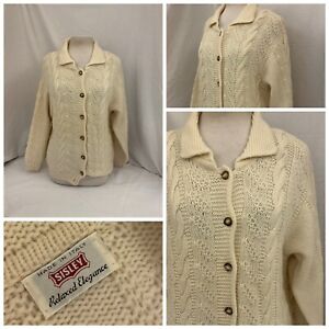 Sisley Cardigan Sweater L Women Ivory 100% Wool Cable Knit Italy EUC YGI Q1-16