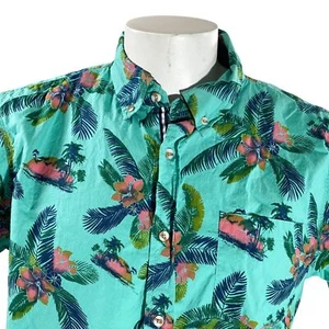 Camisa Hawaiana Lee Grande Con Hojas De Palmeras Y Atardecer En Verde Y Azul - Imagen 1 de 7