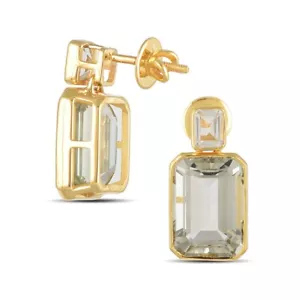14k Gold Finish Silver Octagon Cut Green Amethyst Gemstone Drop Earrings - Picture 1 of 3