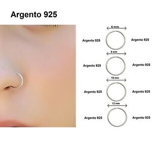 12 PEZZI, ORECCHINI ARGENTO 925, CERCHIETTO PIERCING NASO, Mis° 6/8/10/12 mm