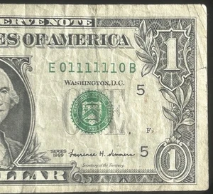 (TRUE BINARY SUPER RADAR!)$1 Very Rare 6 In A Row Fancy Serial Number E01111110B - Picture 1 of 4