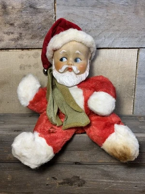Vintage Knickerbocker Rubber Baby Face Santa Claus Christmas Plush Green Scarf - Image 1 of 4