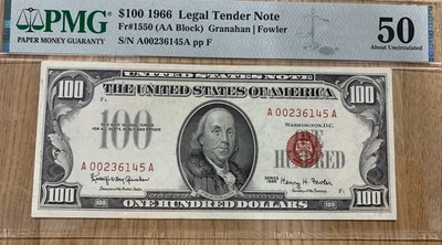 FR. 1550 1966 $100 Legal Tender Red Seal PMG AU50 949353-10 - Image 1 of 3
