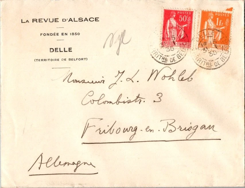 Francia 50c y 1F Peace Holding rama de olivo 1935 Delle, Territre de Belfort a Foto 1 de 1